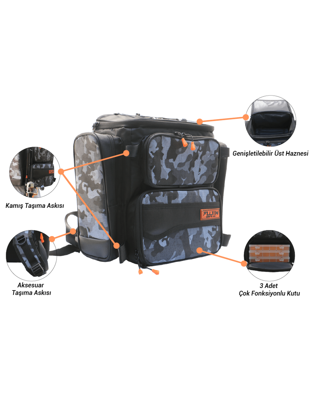 Fujin Black Camo Back Pack - Balikçi Sirt Çantasi